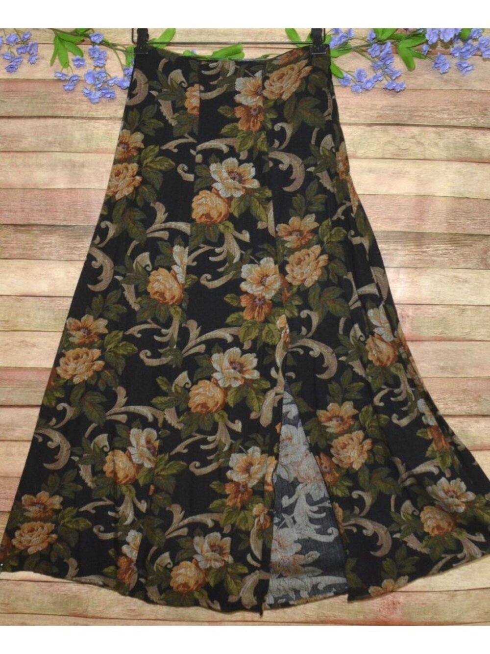 Vintage 80's First Option S Maxi Skirt Side Slit Tapestry Look Floral Pull On
